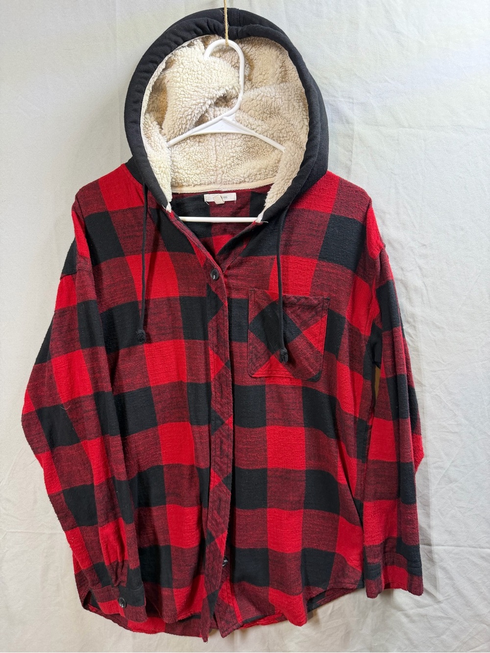 Maurices Red and Black Buffalo Plaid Sherpa-Lined Hooded Jacket